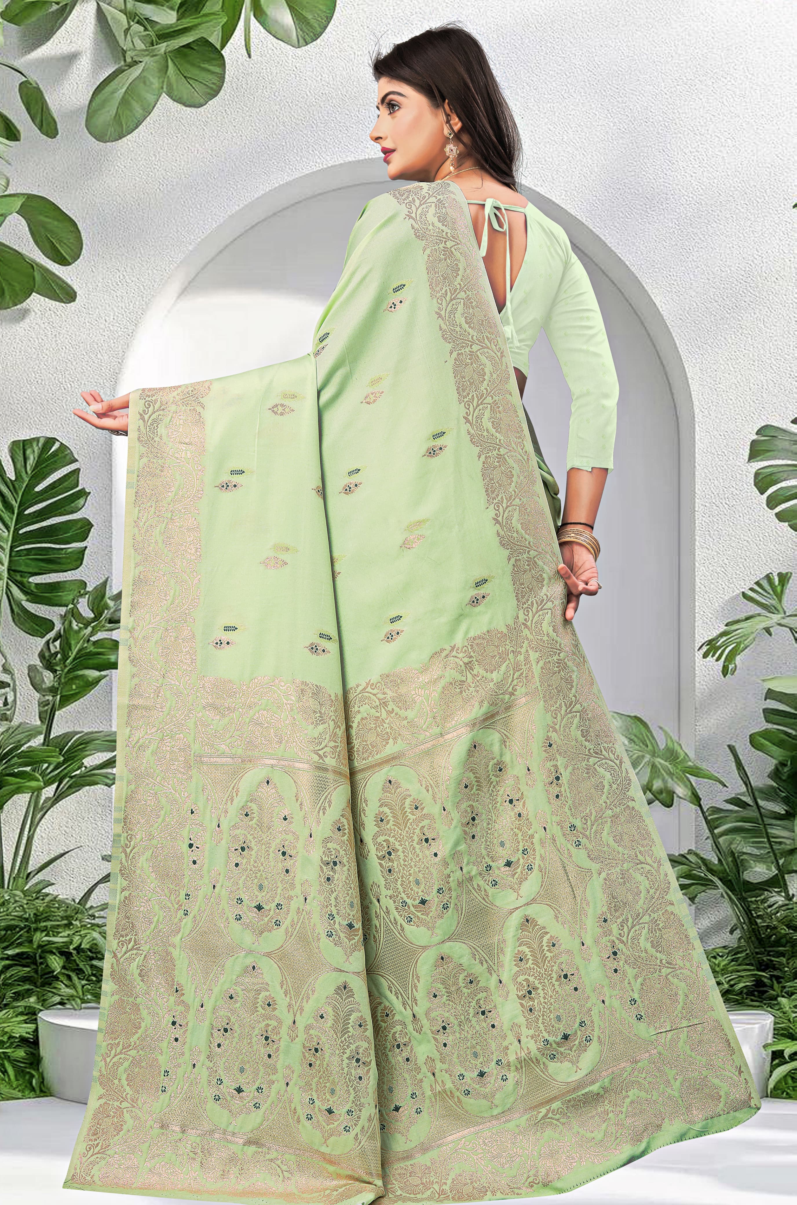 "Pista Jacquard Cotton Saree with Antique Gold Zari Weaving"