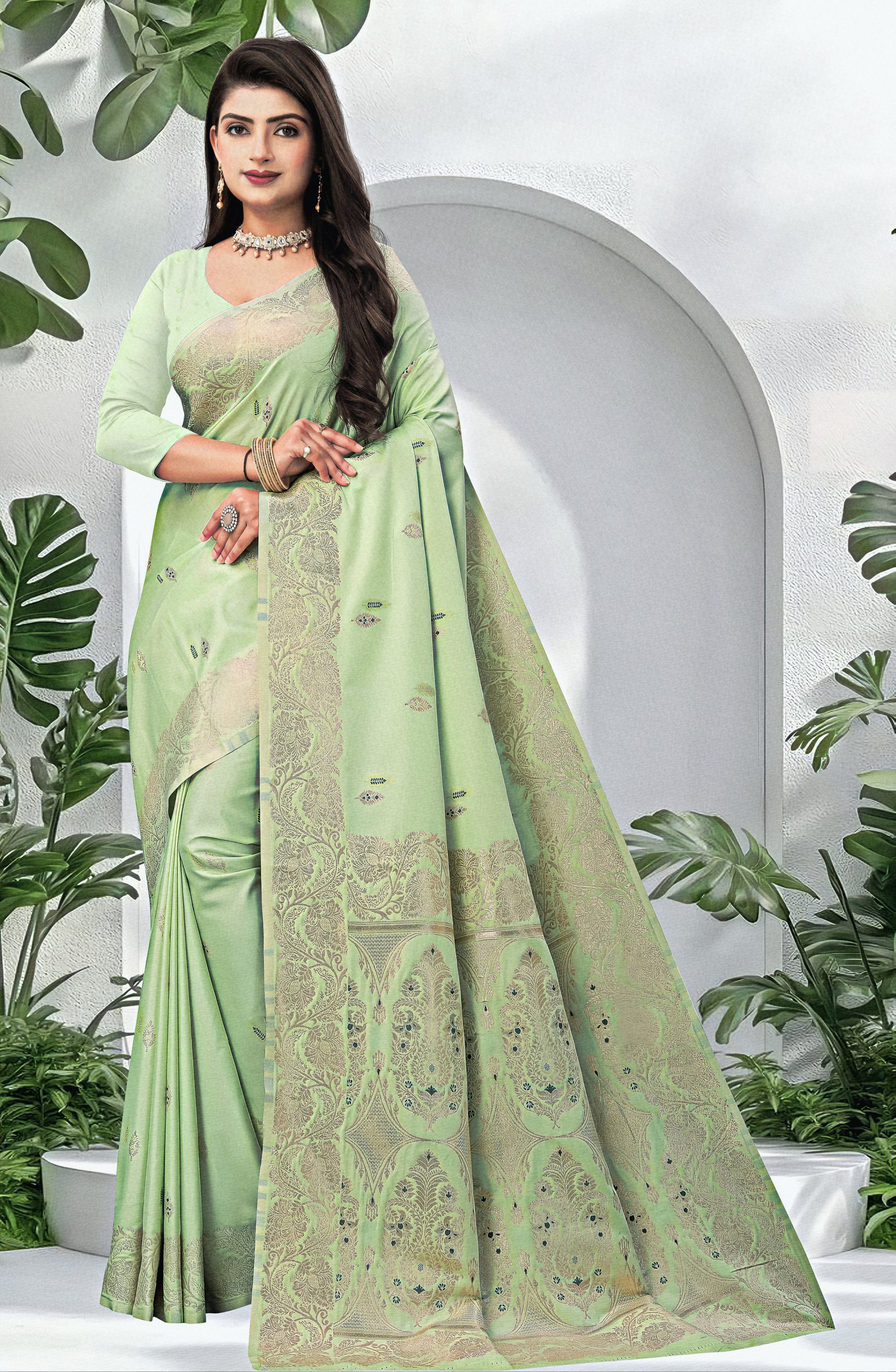 "Pista Jacquard Cotton Saree with Antique Gold Zari Weaving"