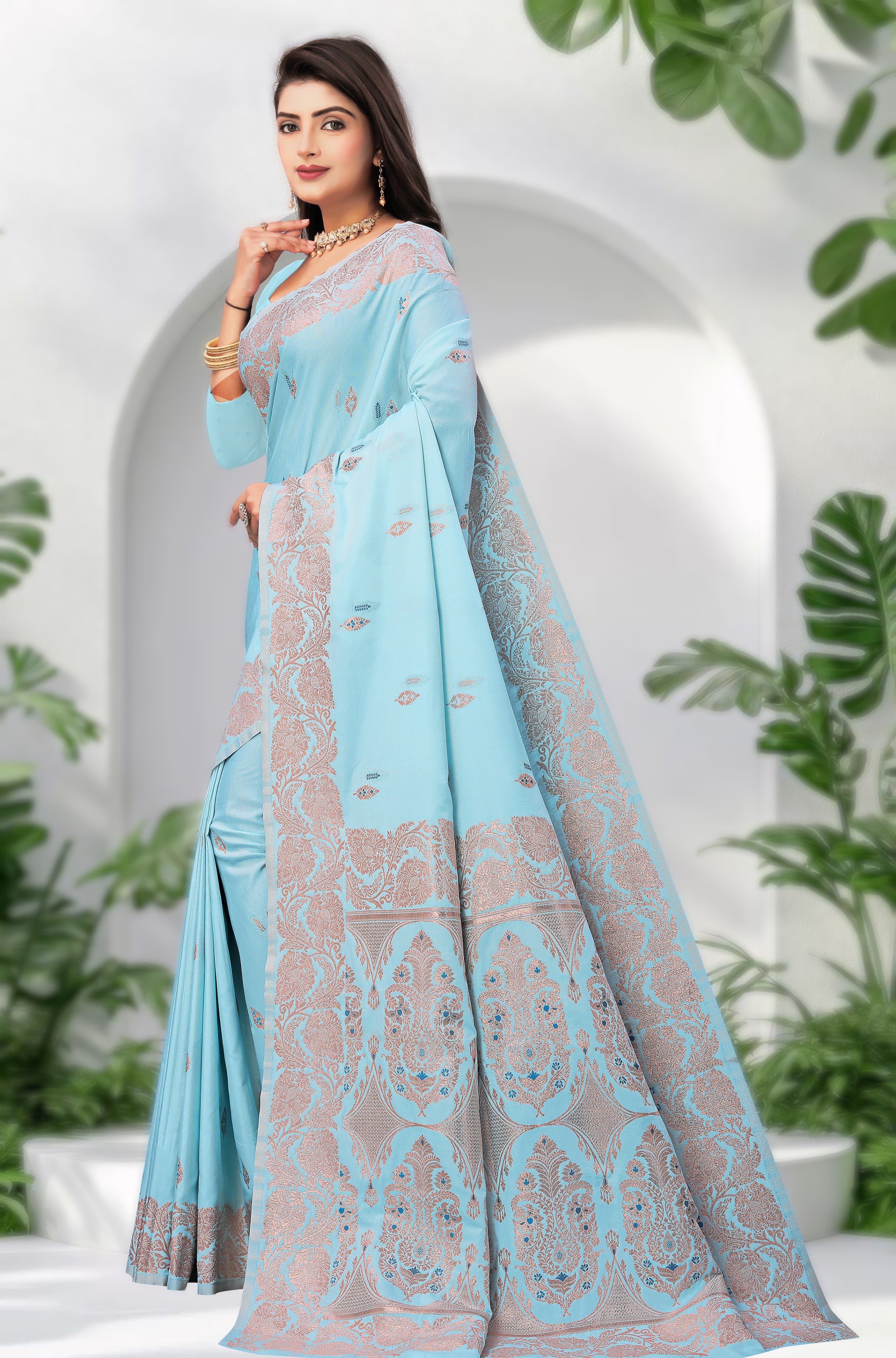 "Sky Blue Gold Jacquard Cotton Saree with Elegant Zari Work"