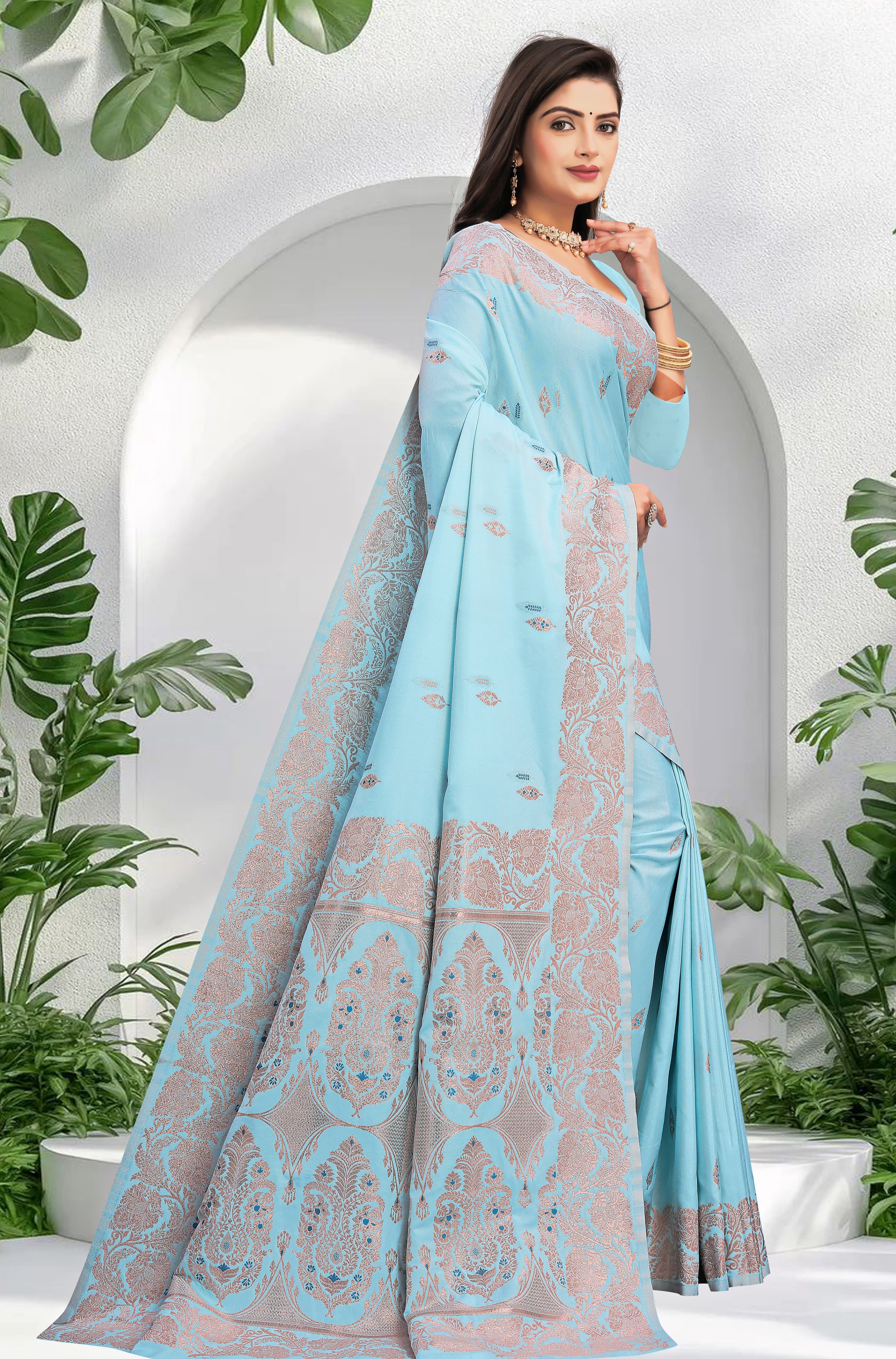 "Sky Blue Gold Jacquard Cotton Saree with Elegant Zari Work"