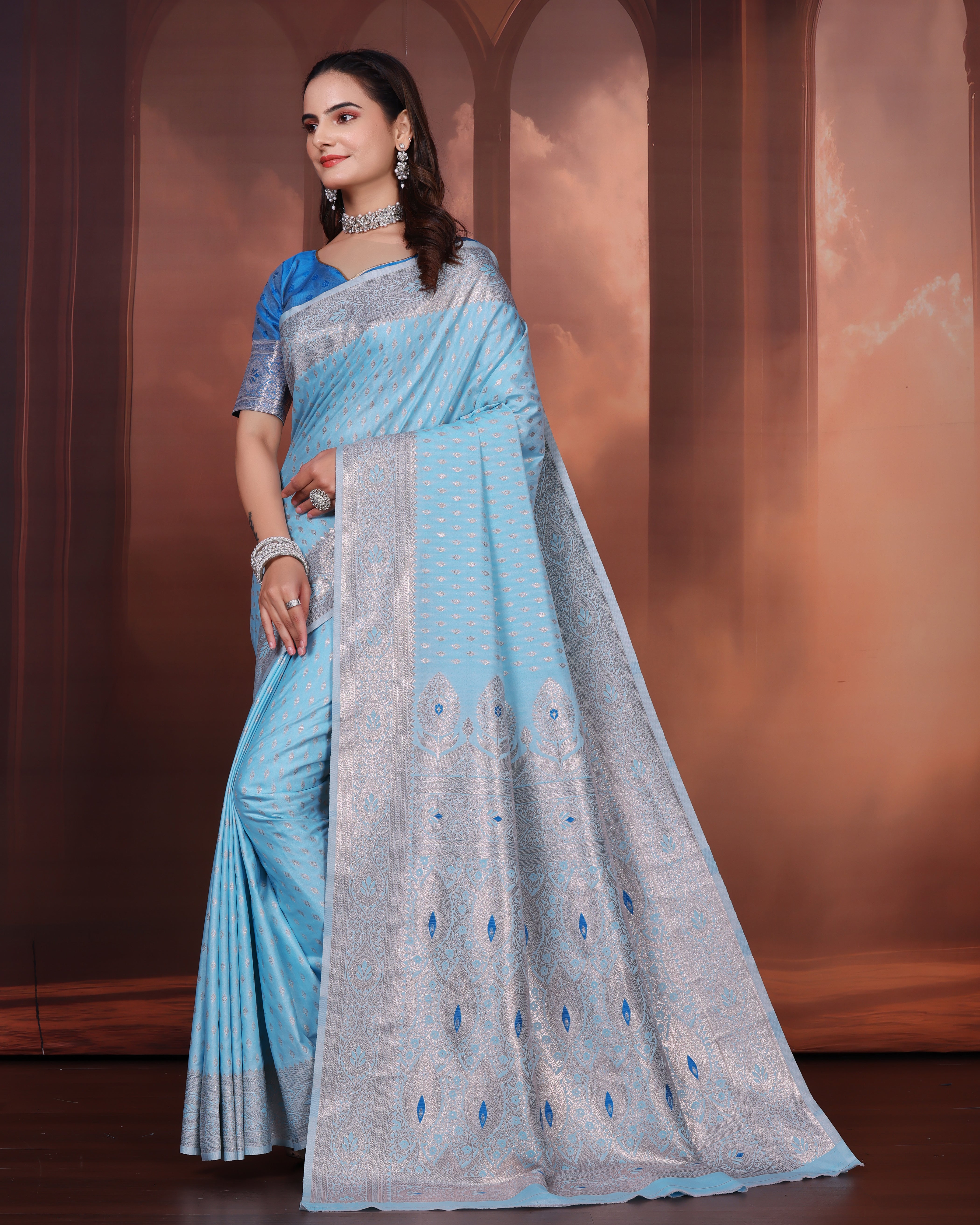 Pandadi Sky Blue Banarasi Silk Saree with Silver Zari Work