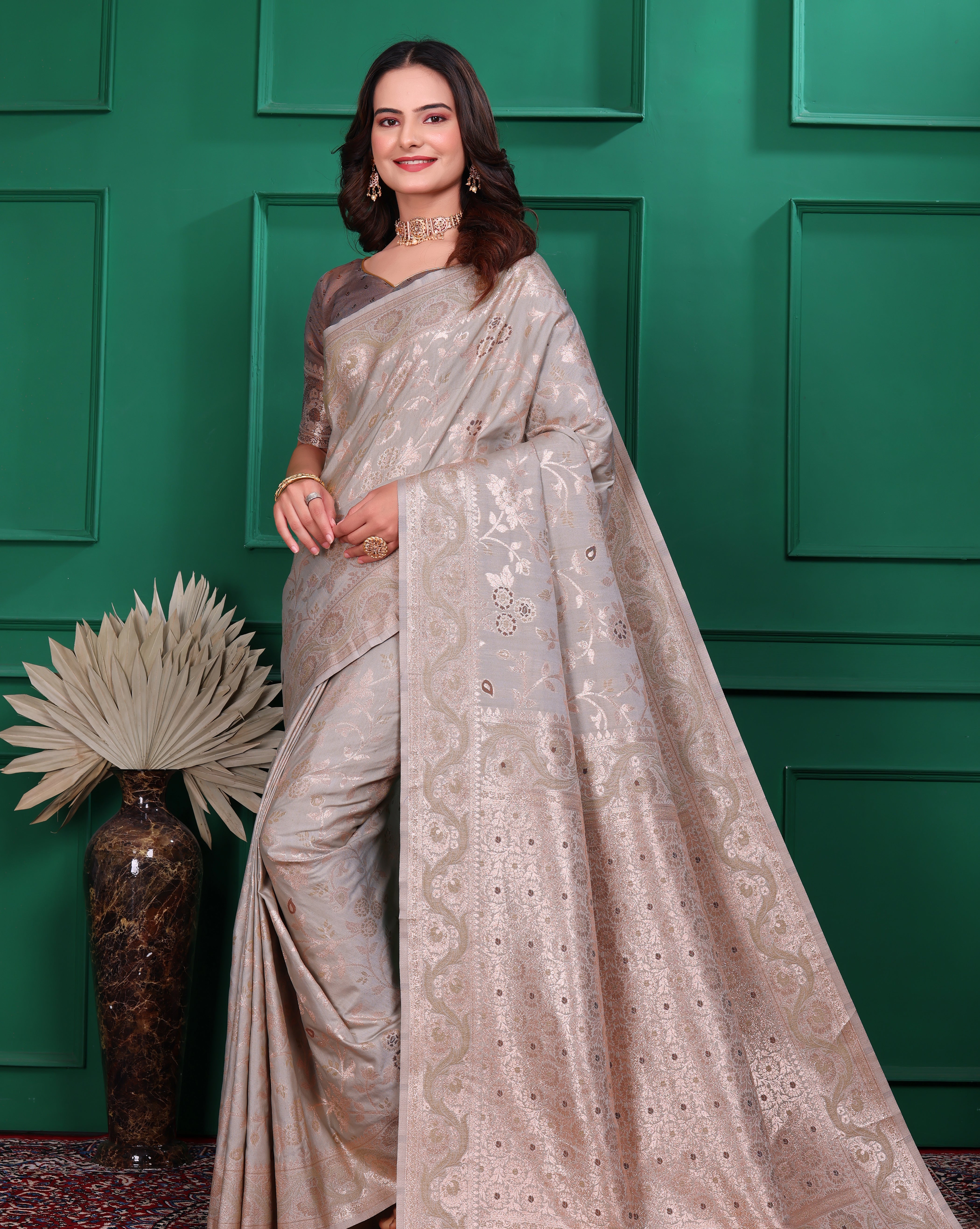 Kamal Jal Khaki Banarasi Silk Saree with Intricate Zari Work
