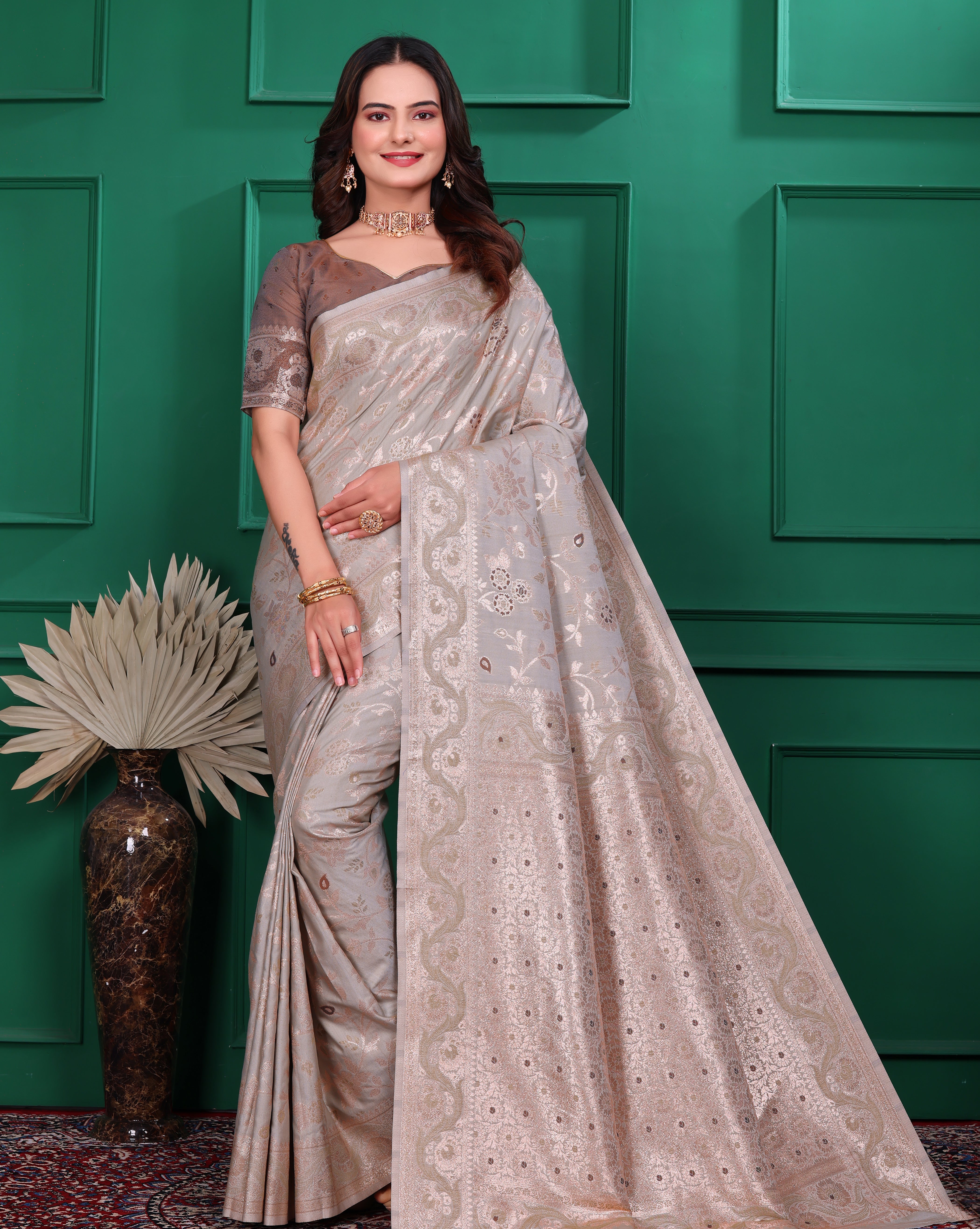 Kamal Jal Khaki Banarasi Silk Saree with Intricate Zari Work